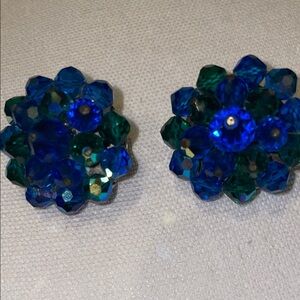 Vintage Blue Green Crystal Clip on Earrings